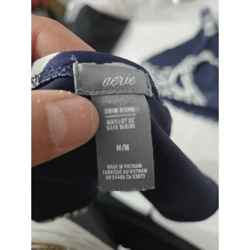 Aerie Bikini Set Navy Blue White Medallion High Neck Crop Top XL Bottoms‎ Medium